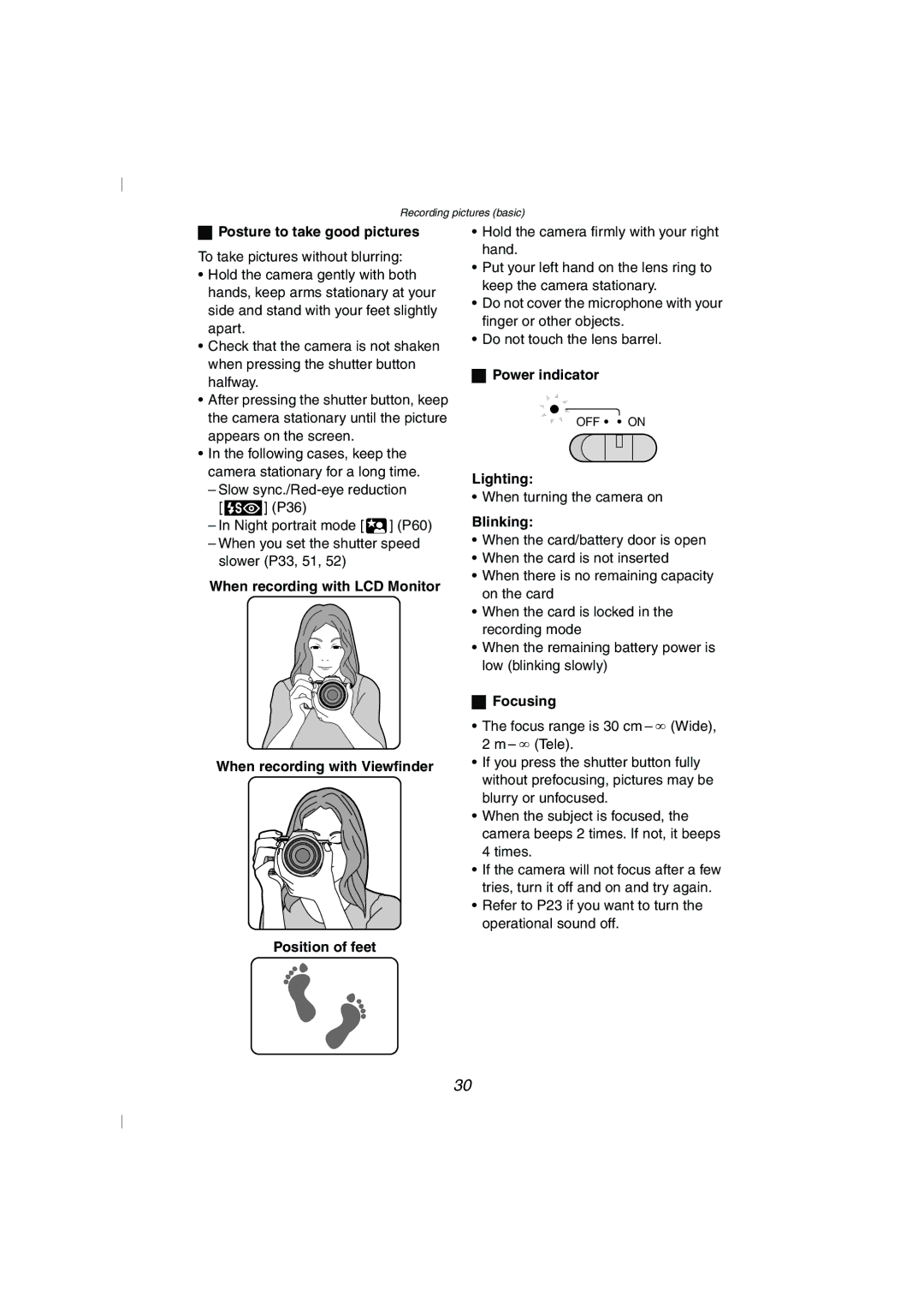 Panasonic DMC-FZ10GN operating instructions Posture to take good pictures, Power indicator, Lighting, Blinking, Focusing 