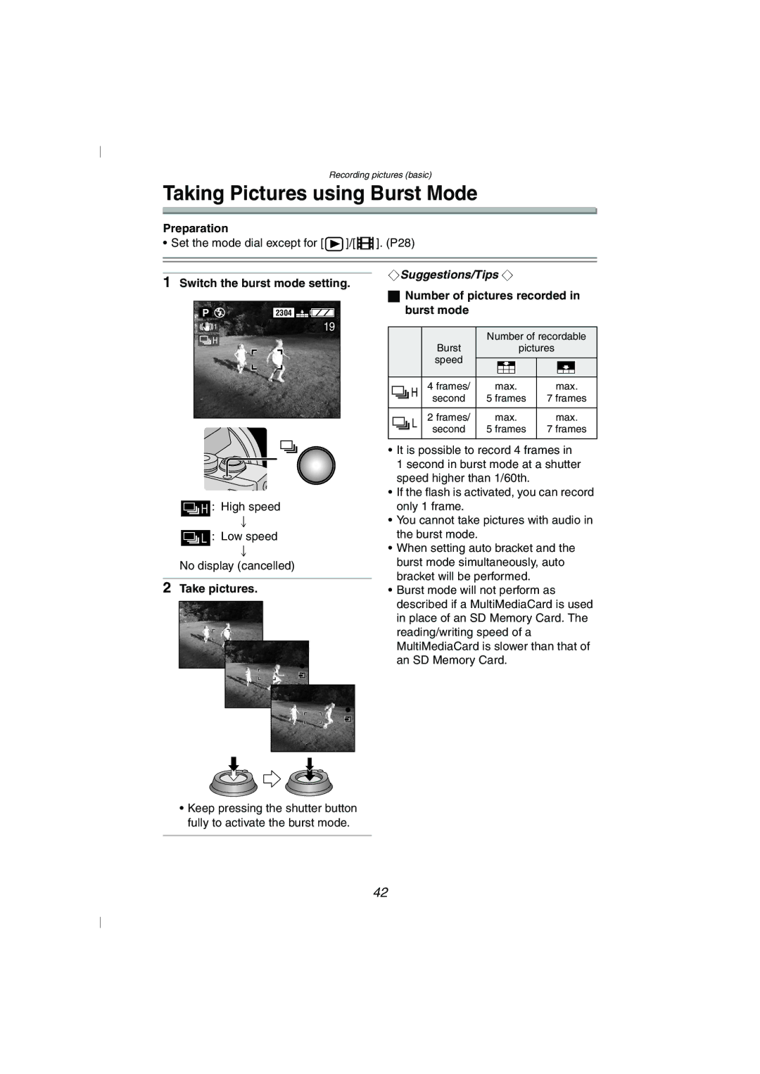 Panasonic DMC-FZ10GN operating instructions Taking Pictures using Burst Mode, Take pictures 