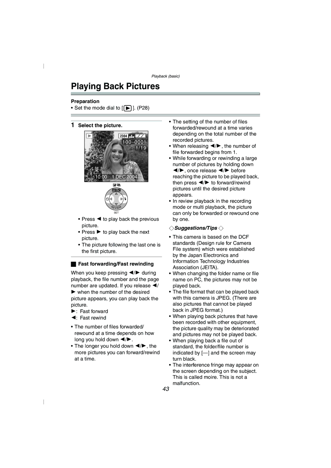 Panasonic DMC-FZ10GN operating instructions Playing Back Pictures, Select the picture, Fast forwarding/Fast rewinding 