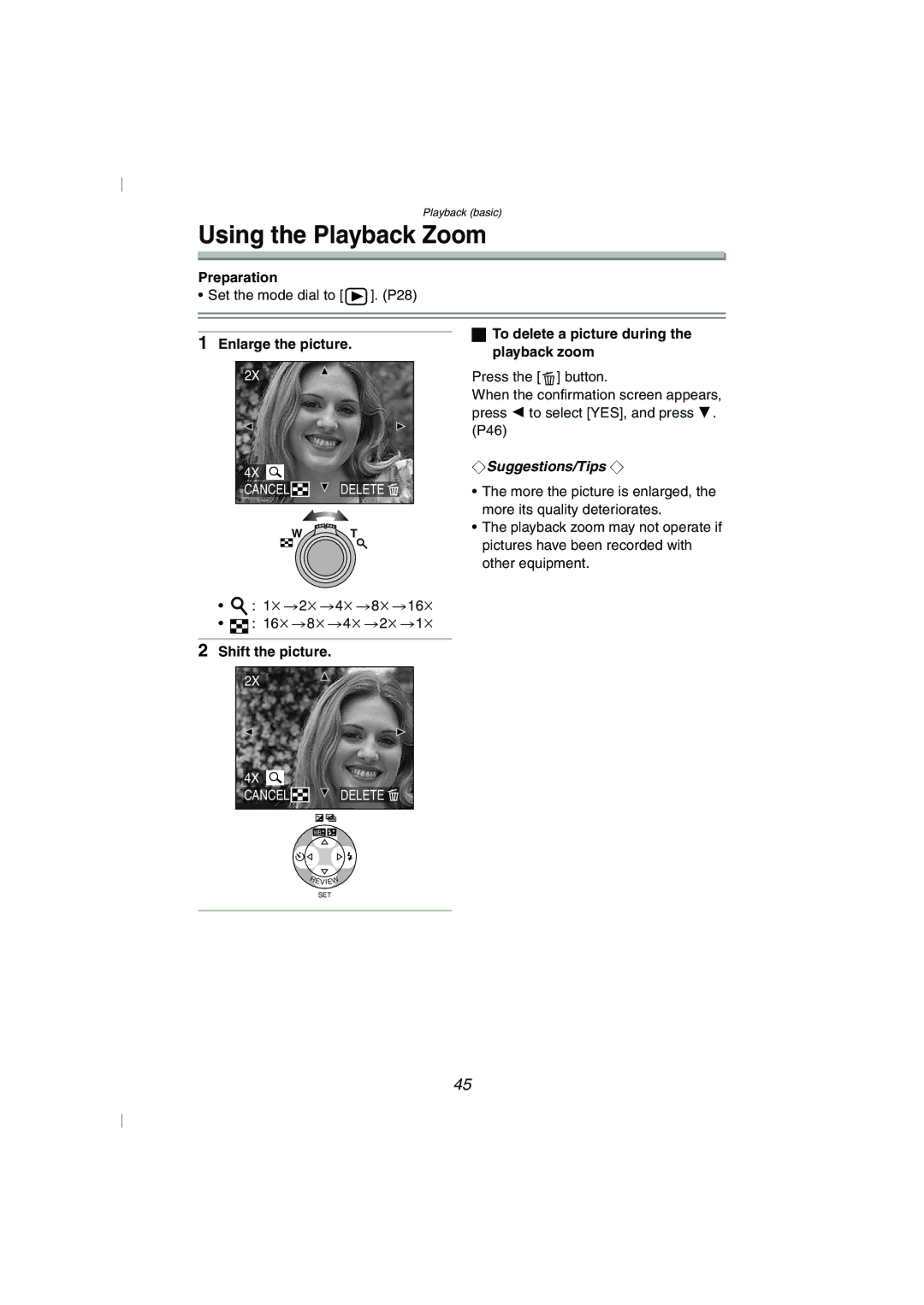 Panasonic DMC-FZ10GN Using the Playback Zoom, To delete a picture during, Enlarge the picture, Playback zoom 