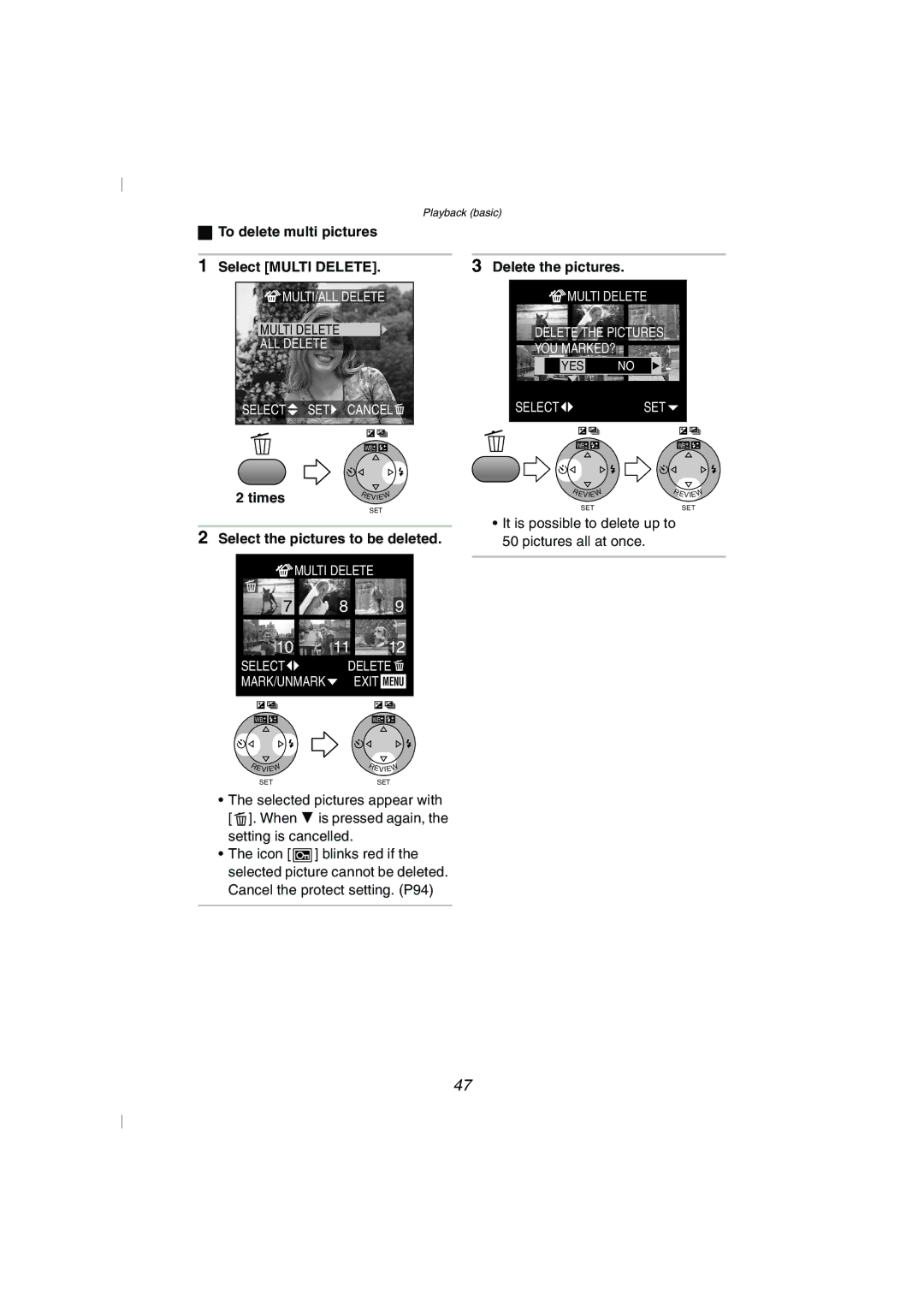 Panasonic DMC-FZ10GN operating instructions To delete multi pictures, Times, Select the pictures to be deleted 