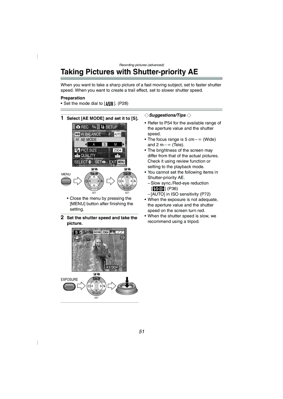 Panasonic DMC-FZ10GN operating instructions Taking Pictures with Shutter-priority AE, Select AE Mode and set it to S 