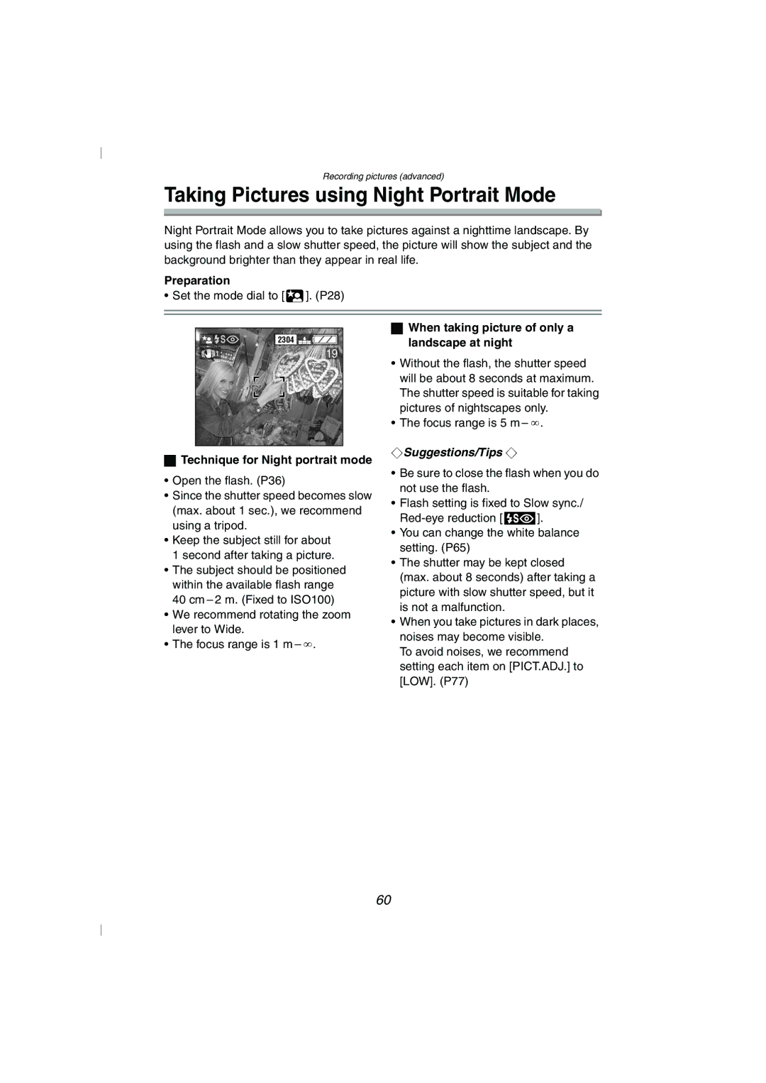 Panasonic DMC-FZ10GN operating instructions Taking Pictures using Night Portrait Mode, Technique for Night portrait mode 