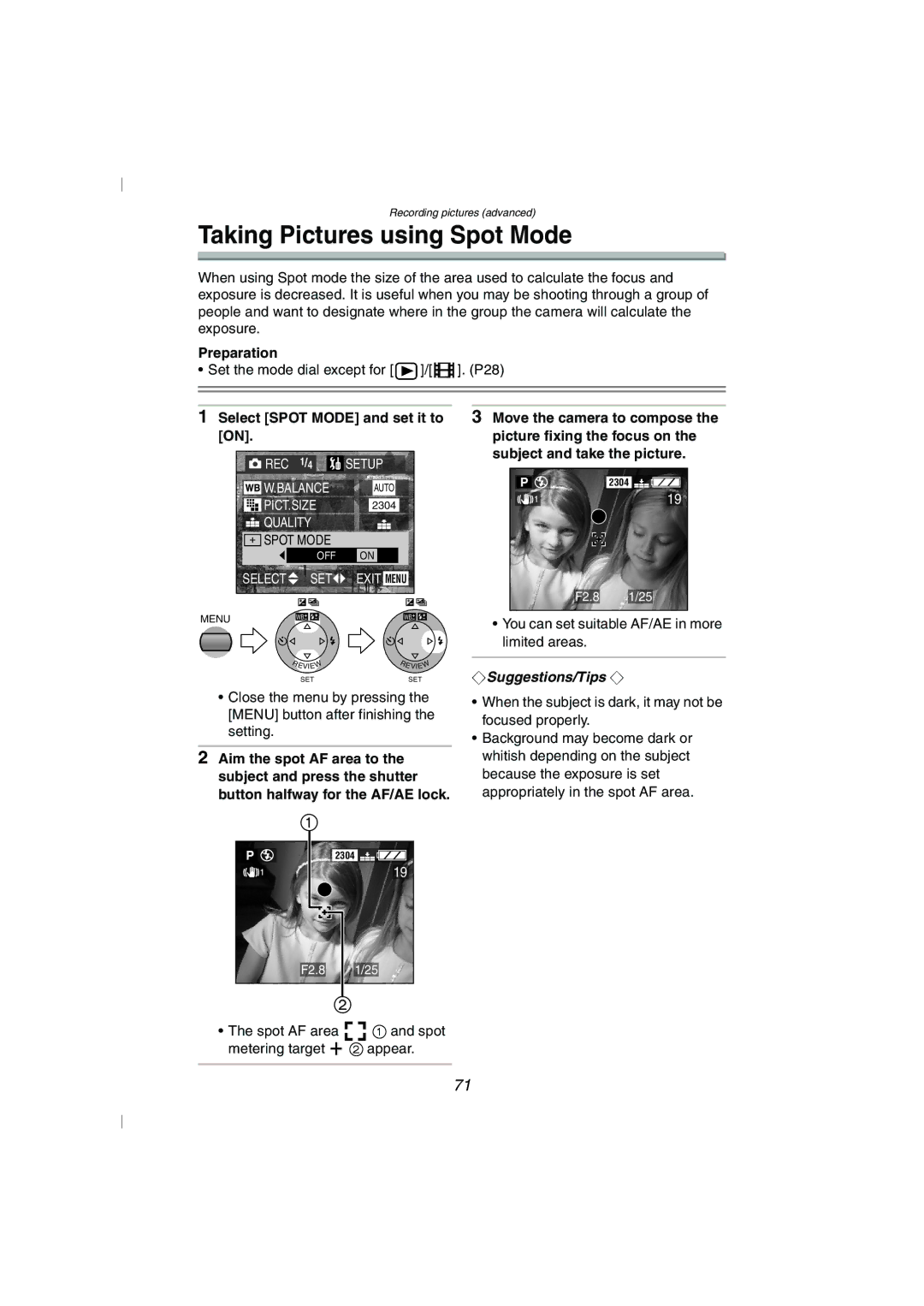 Panasonic DMC-FZ10GN operating instructions Taking Pictures using Spot Mode, Subject and take the picture 