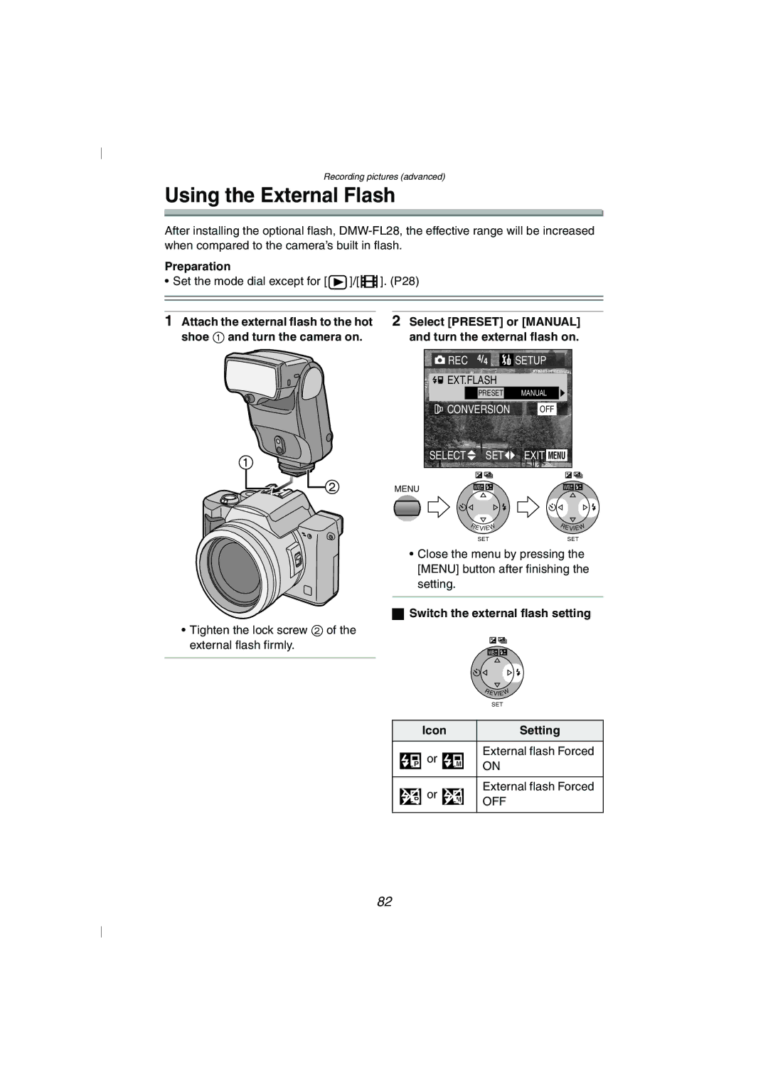 Panasonic DMC-FZ10GN operating instructions Using the External Flash, Switch the external flash setting, Icon Setting 