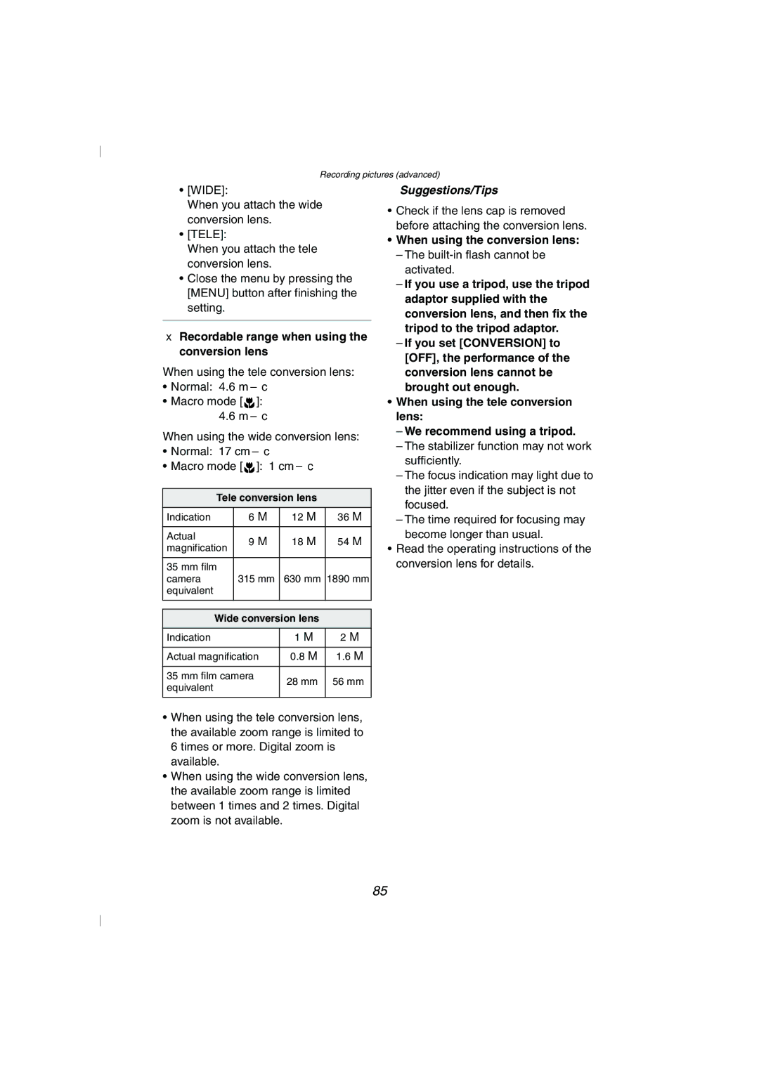 Panasonic DMC-FZ10GN operating instructions Recordable range when using the conversion lens, When using the conversion lens 