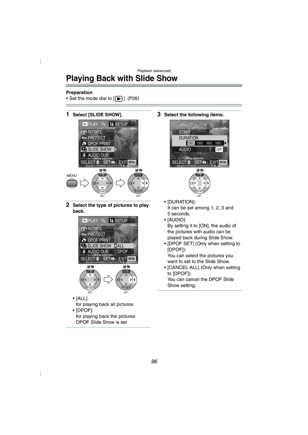 Panasonic DMC-FZ10GN operating instructions Playing Back with Slide Show, Select the type of pictures to play back 