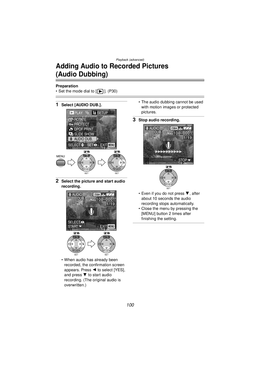 Panasonic DMC-FZ10PP Adding Audio to Recorded Pictures Audio Dubbing, 100, Select Audio DUB, Stop audio recording 