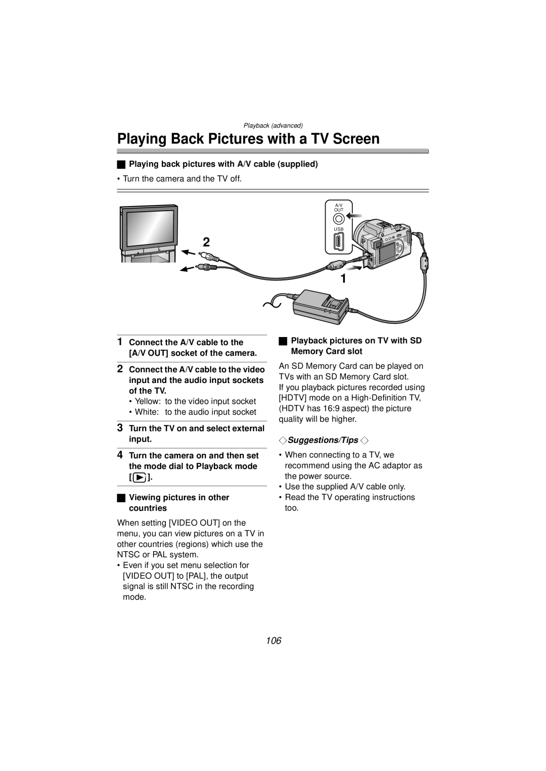 Panasonic DMC-FZ10PP Playing Back Pictures with a TV Screen, 106, Playing back pictures with A/V cable supplied 