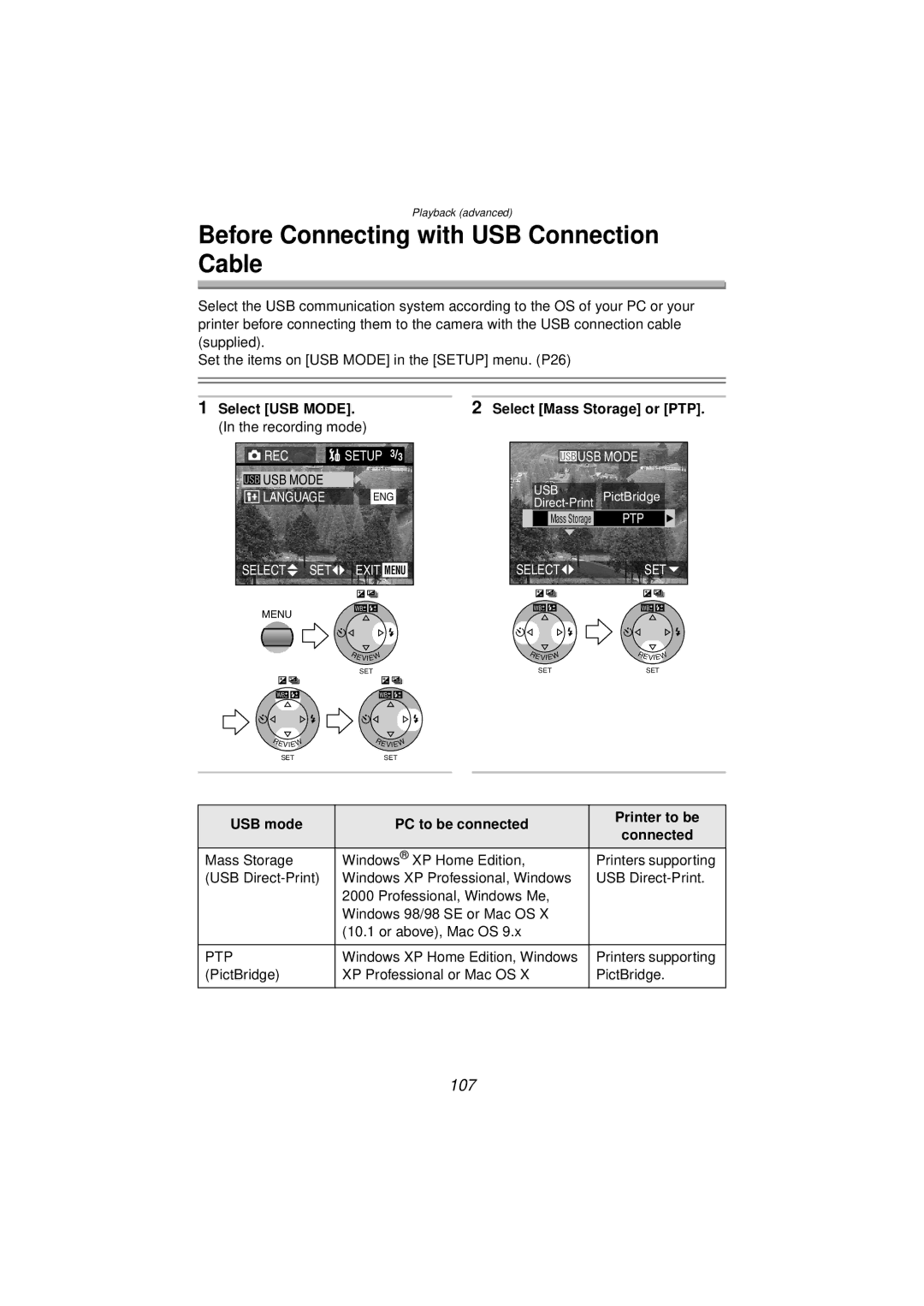 Panasonic DMC-FZ10PP Before Connecting with USB Connection Cable, 107, Select USB MODE. In the recording mode 