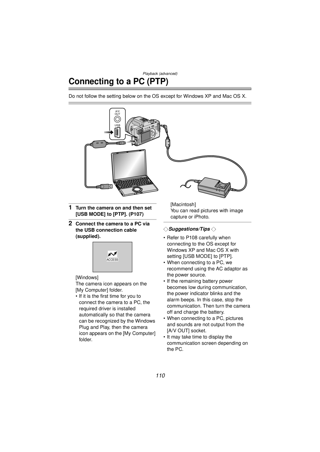 Panasonic DMC-FZ10PP operating instructions Connecting to a PC PTP, 110 