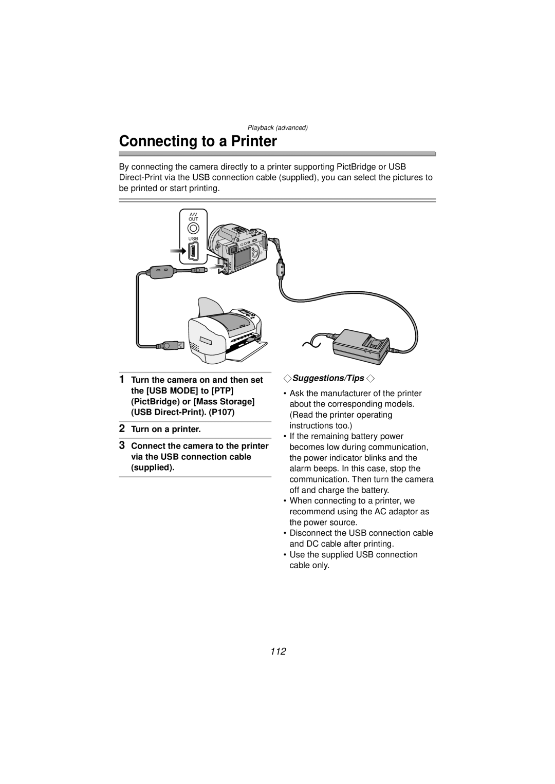 Panasonic DMC-FZ10PP operating instructions Connecting to a Printer, 112 