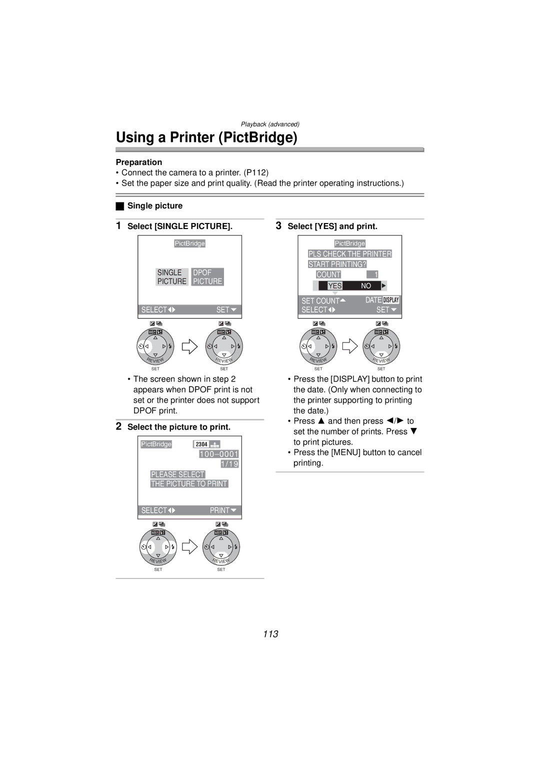 Panasonic DMC-FZ10PP Using a Printer PictBridge, 113, Single picture, Select Single Picture Select YES and print 