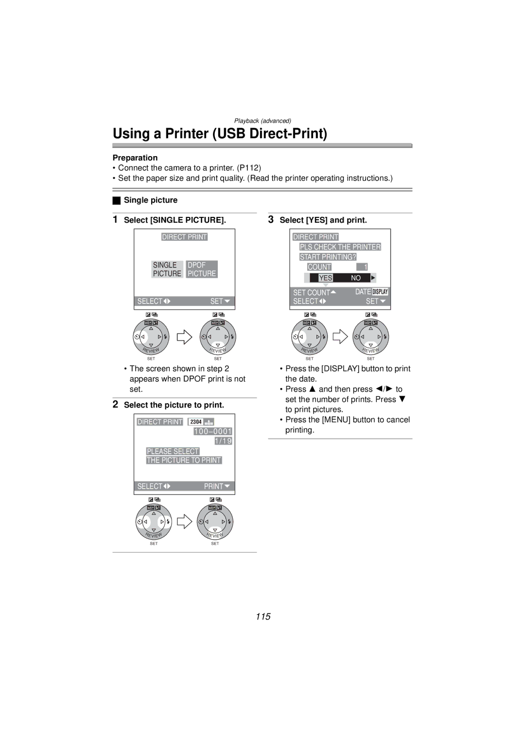 Panasonic DMC-FZ10PP Using a Printer USB Direct-Print, 115, Single picture Select Single Picture, Select YES and print 