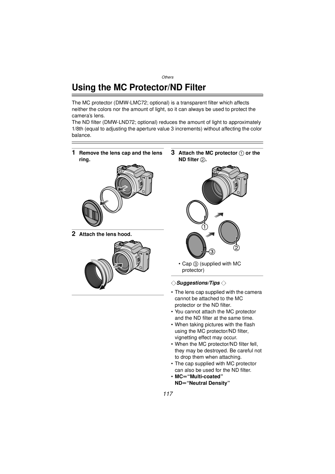 Panasonic DMC-FZ10PP operating instructions Using the MC Protector/ND Filter, 117, MCuMulti-coated NDuNeutral Density 