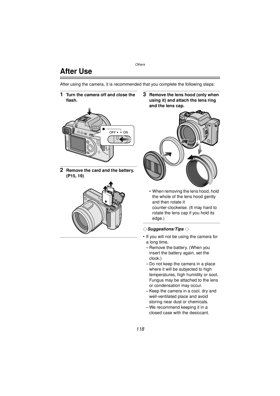 Panasonic DMC-FZ10PP operating instructions After Use, 118, Flash, Lens cap, Remove the card and the battery. P15 