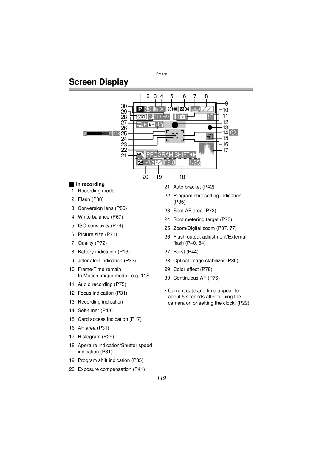 Panasonic DMC-FZ10PP operating instructions Screen Display, 119 