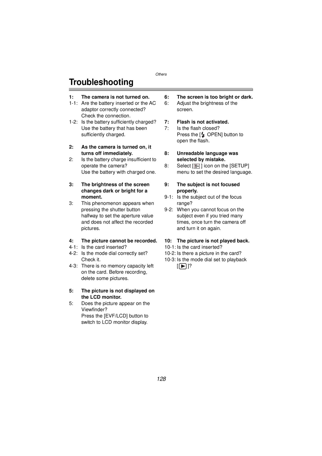 Panasonic DMC-FZ10PP operating instructions Troubleshooting, 128 