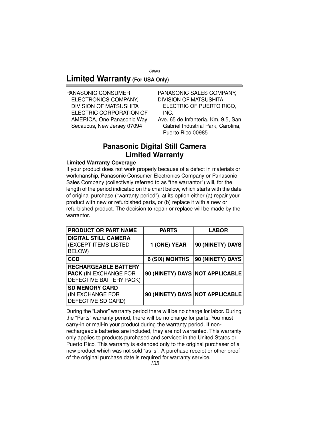 Panasonic DMC-FZ10PP operating instructions Limited Warranty For USA Only, 135 