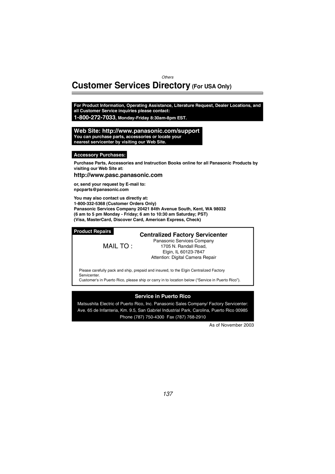 Panasonic DMC-FZ10PP operating instructions Customer Services Directory For USA Only, 137, Service in Puerto Rico 