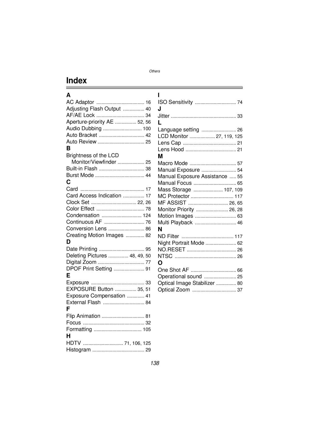 Panasonic DMC-FZ10PP operating instructions Index, 138 