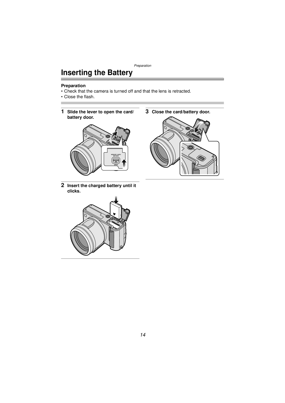 Panasonic DMC-FZ10PP Inserting the Battery, Preparation, Slide the lever to open the card, Battery door 