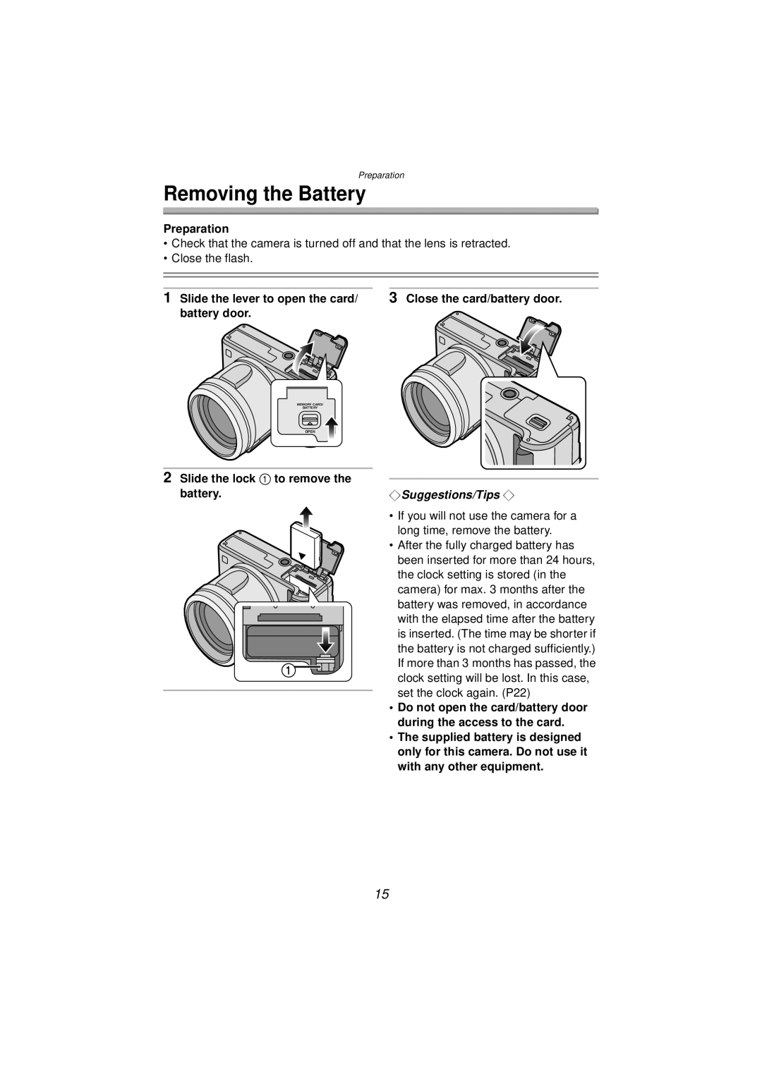 Panasonic DMC-FZ10PP operating instructions Removing the Battery, Slide the lock 1 to remove the battery 