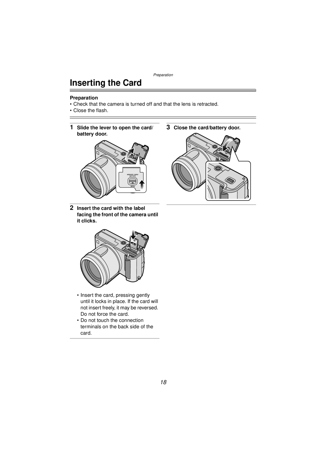 Panasonic DMC-FZ10PP operating instructions Inserting the Card, Slide the lever to open the card 