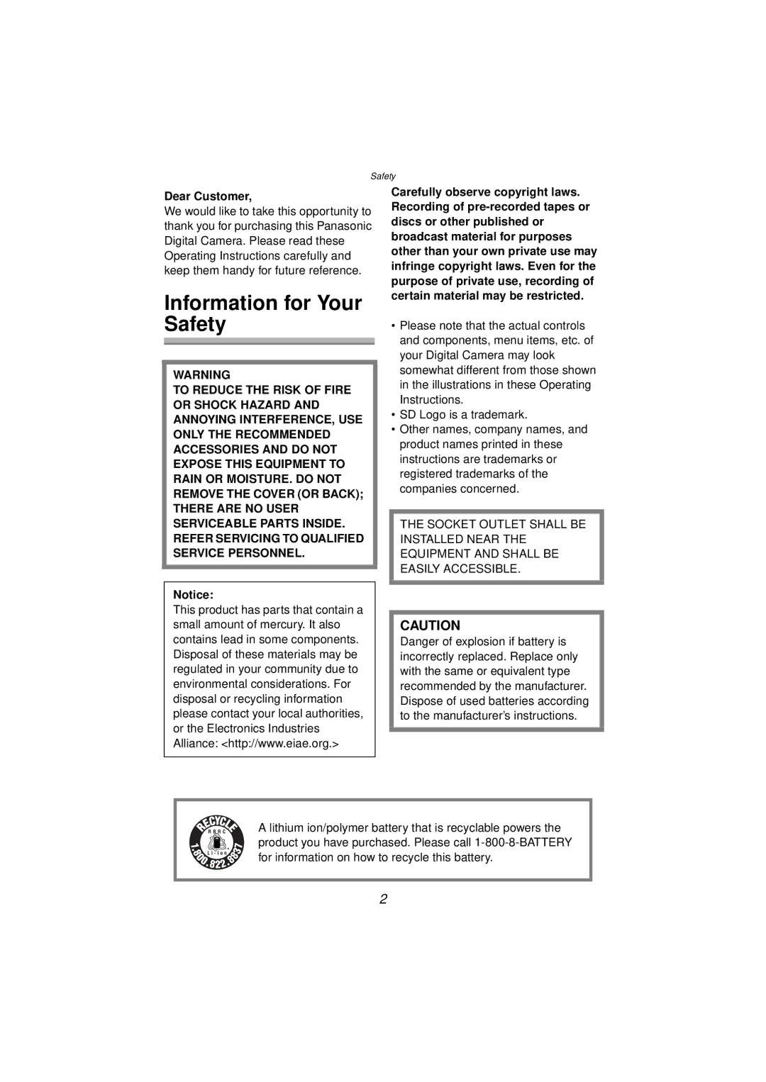 Panasonic DMC-FZ10PP operating instructions Information for Your Safety, Dear Customer 