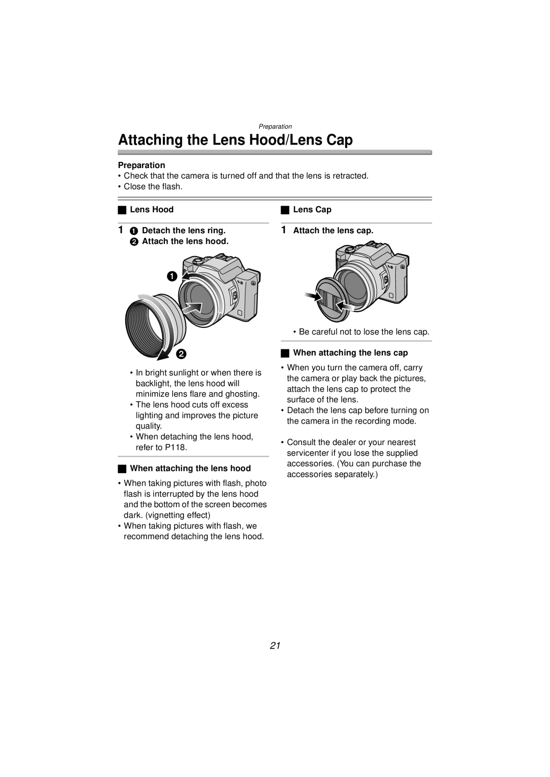 Panasonic DMC-FZ10PP Attaching the Lens Hood/Lens Cap, Lens Hood Detach the lens ring Attach the lens hood 