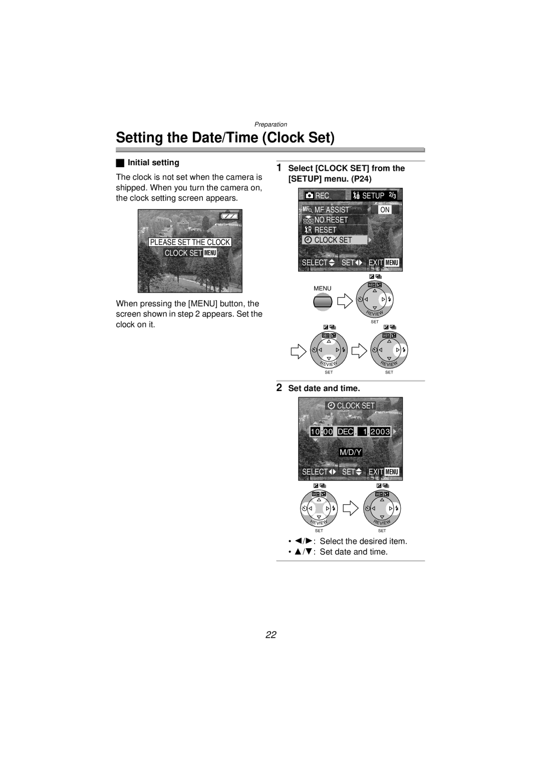 Panasonic DMC-FZ10PP operating instructions Initial setting Select Clock SET from, Setup menu. P24, Set date and time 