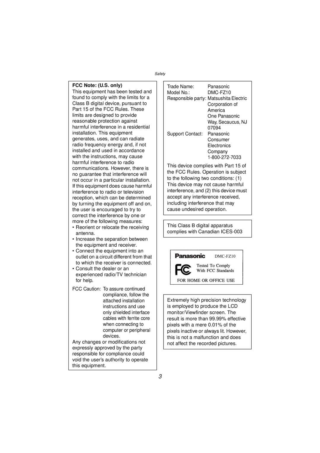 Panasonic DMC-FZ10PP operating instructions FCC Note U.S. only, Reorient or relocate the receiving antenna 