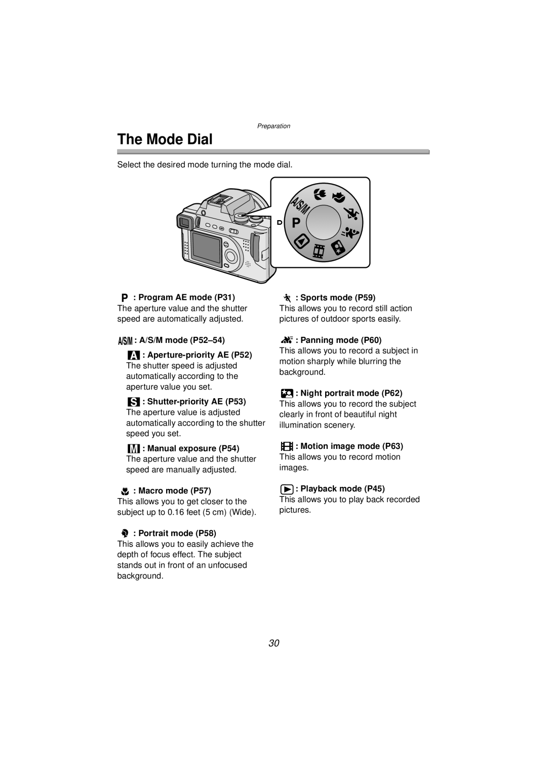 Panasonic DMC-FZ10PP operating instructions Mode Dial 