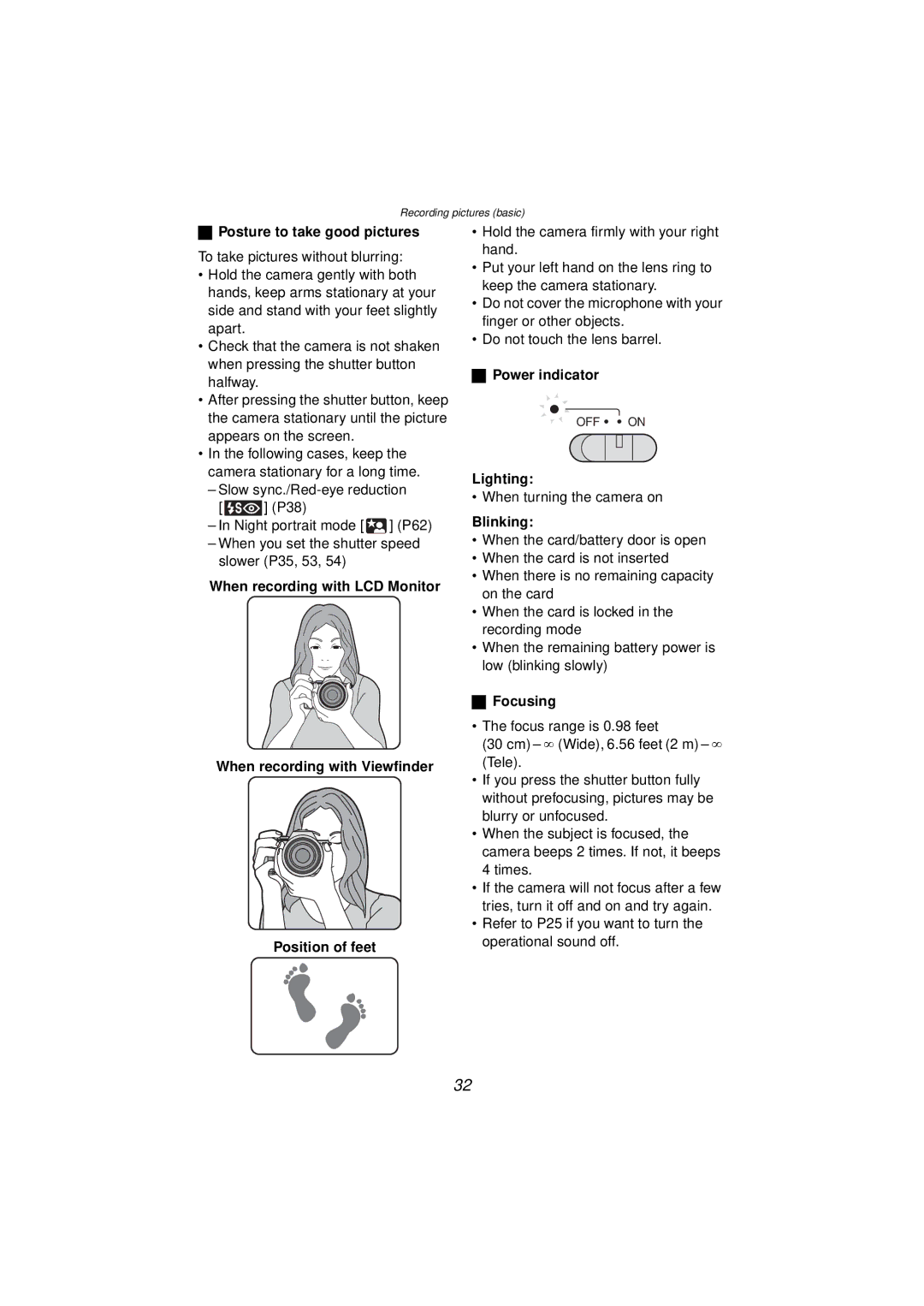 Panasonic DMC-FZ10PP operating instructions Posture to take good pictures, Power indicator, Lighting, Blinking, Focusing 