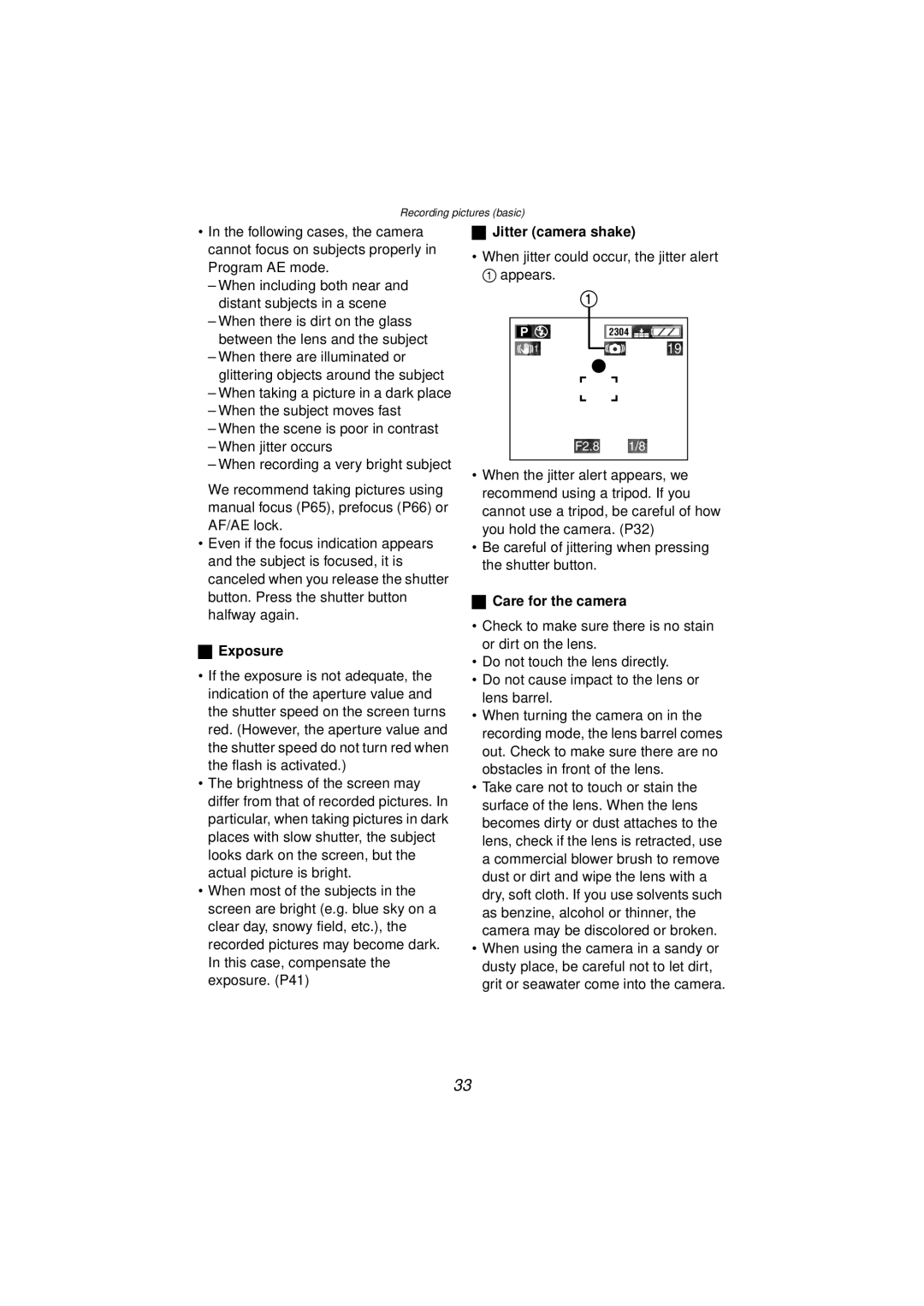 Panasonic DMC-FZ10PP operating instructions Exposure, Jitter camera shake, Care for the camera 