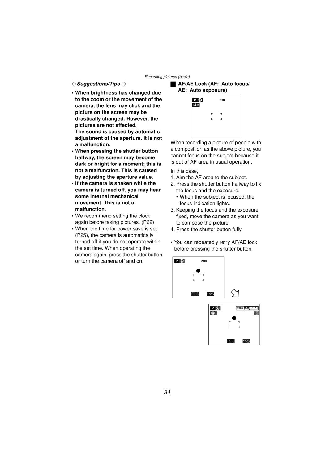 Panasonic DMC-FZ10PP operating instructions AF/AE Lock AF Auto focus AE Auto exposure, Press the shutter button fully 