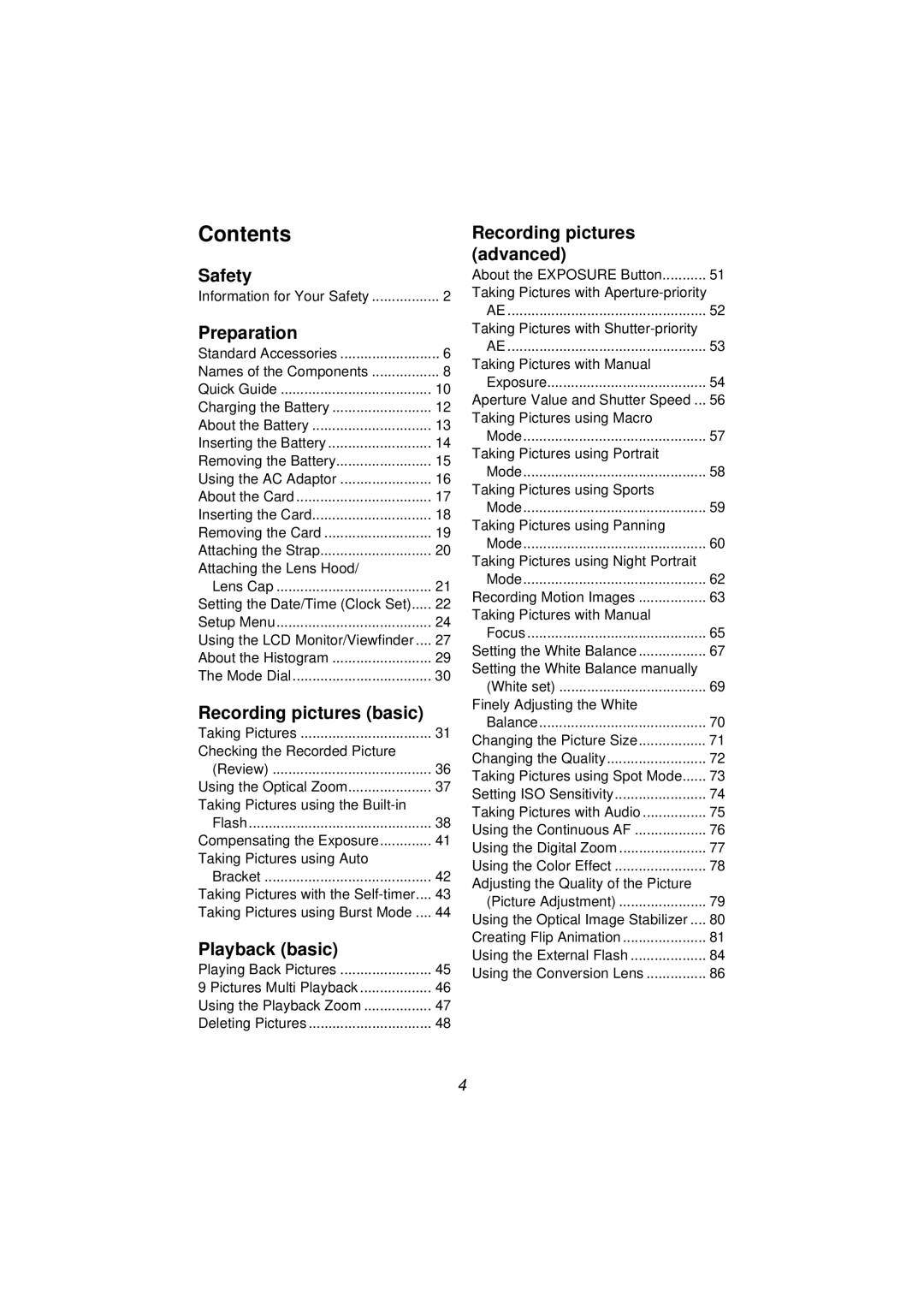 Panasonic DMC-FZ10PP operating instructions Contents 