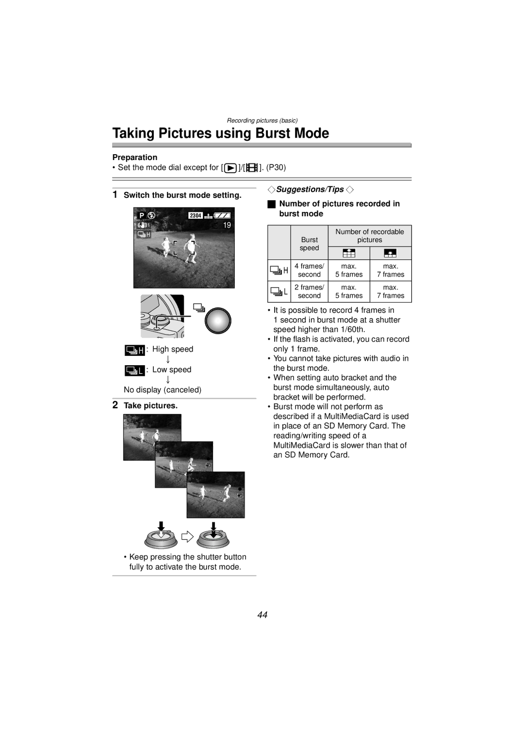 Panasonic DMC-FZ10PP operating instructions Taking Pictures using Burst Mode, Take pictures 