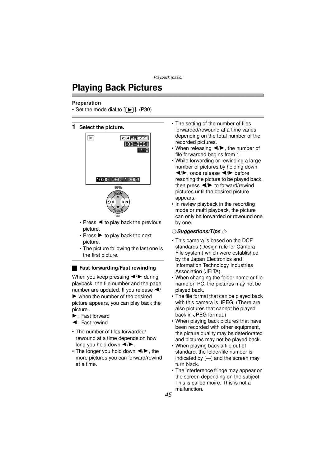 Panasonic DMC-FZ10PP operating instructions Playing Back Pictures, Select the picture, Fast forwarding/Fast rewinding 