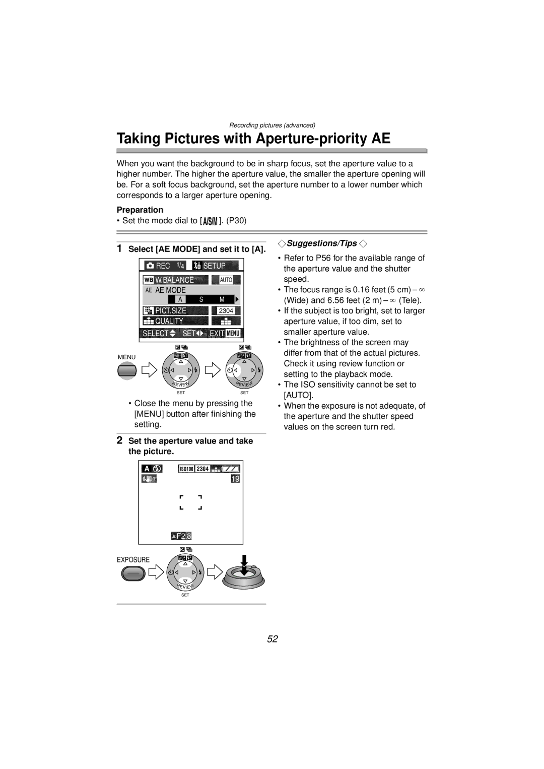 Panasonic DMC-FZ10PP operating instructions Taking Pictures with Aperture-priority AE, Select AE Mode and set it to a 