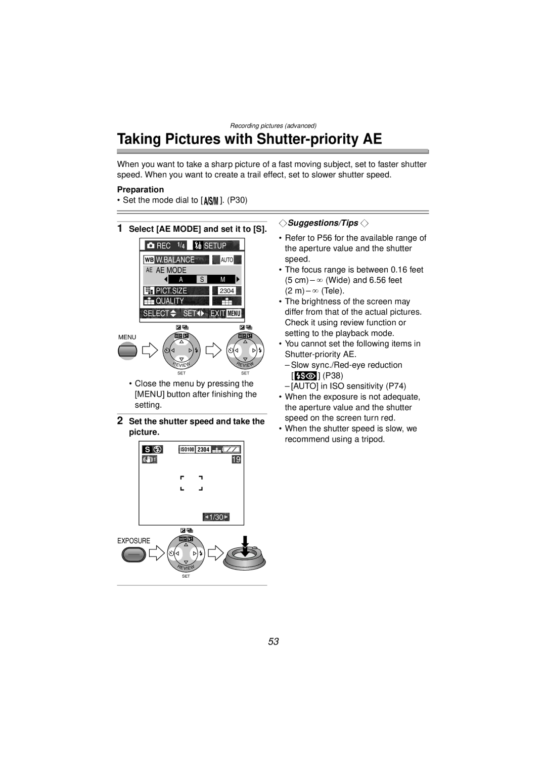 Panasonic DMC-FZ10PP operating instructions Taking Pictures with Shutter-priority AE, Select AE Mode and set it to S 