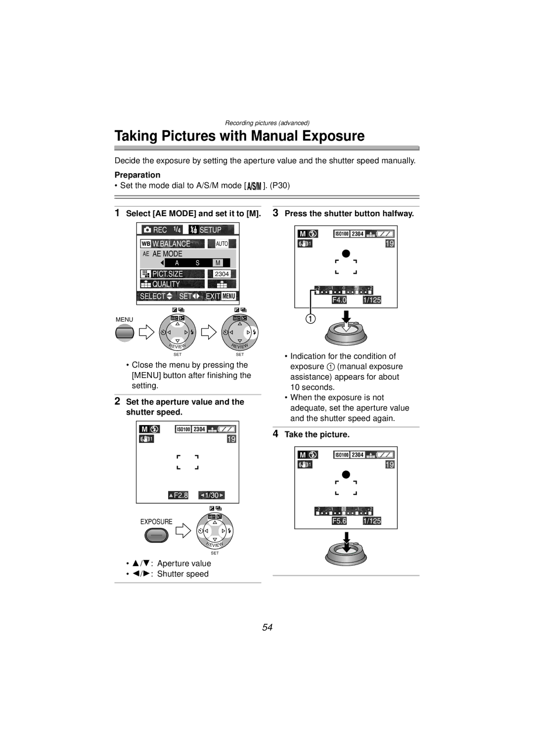 Panasonic DMC-FZ10PP operating instructions Taking Pictures with Manual Exposure, Set the aperture value, Shutter speed 