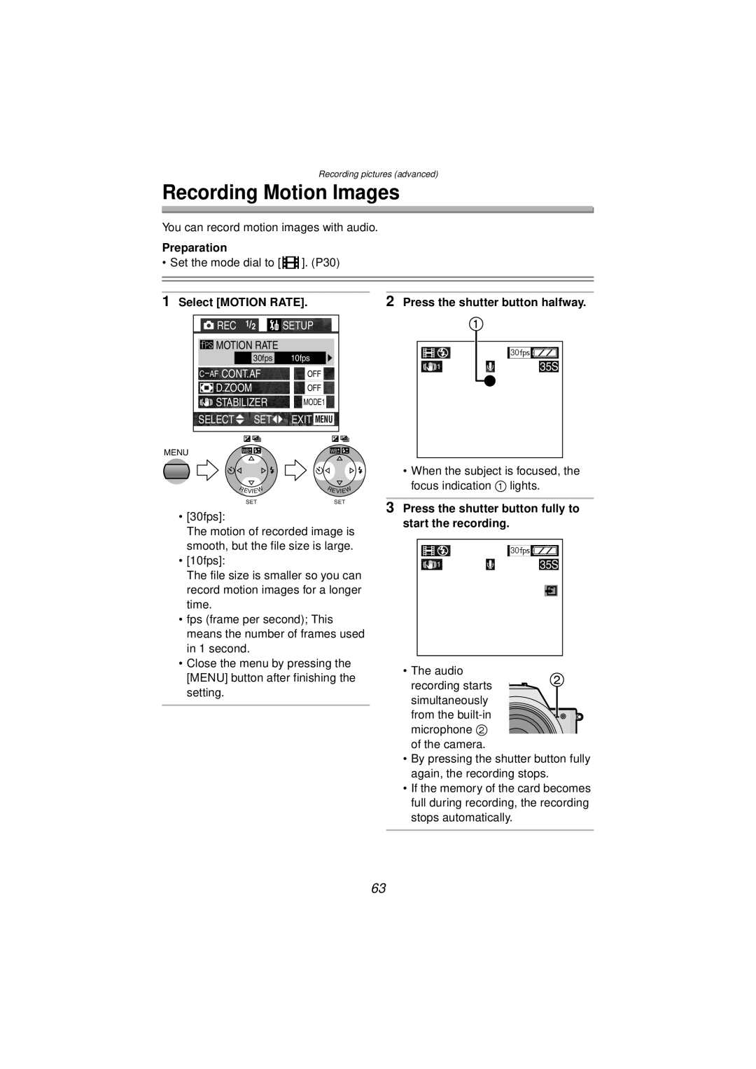 Panasonic DMC-FZ10PP Recording Motion Images, Select Motion Rate, Press the shutter button halfway, Start the recording 