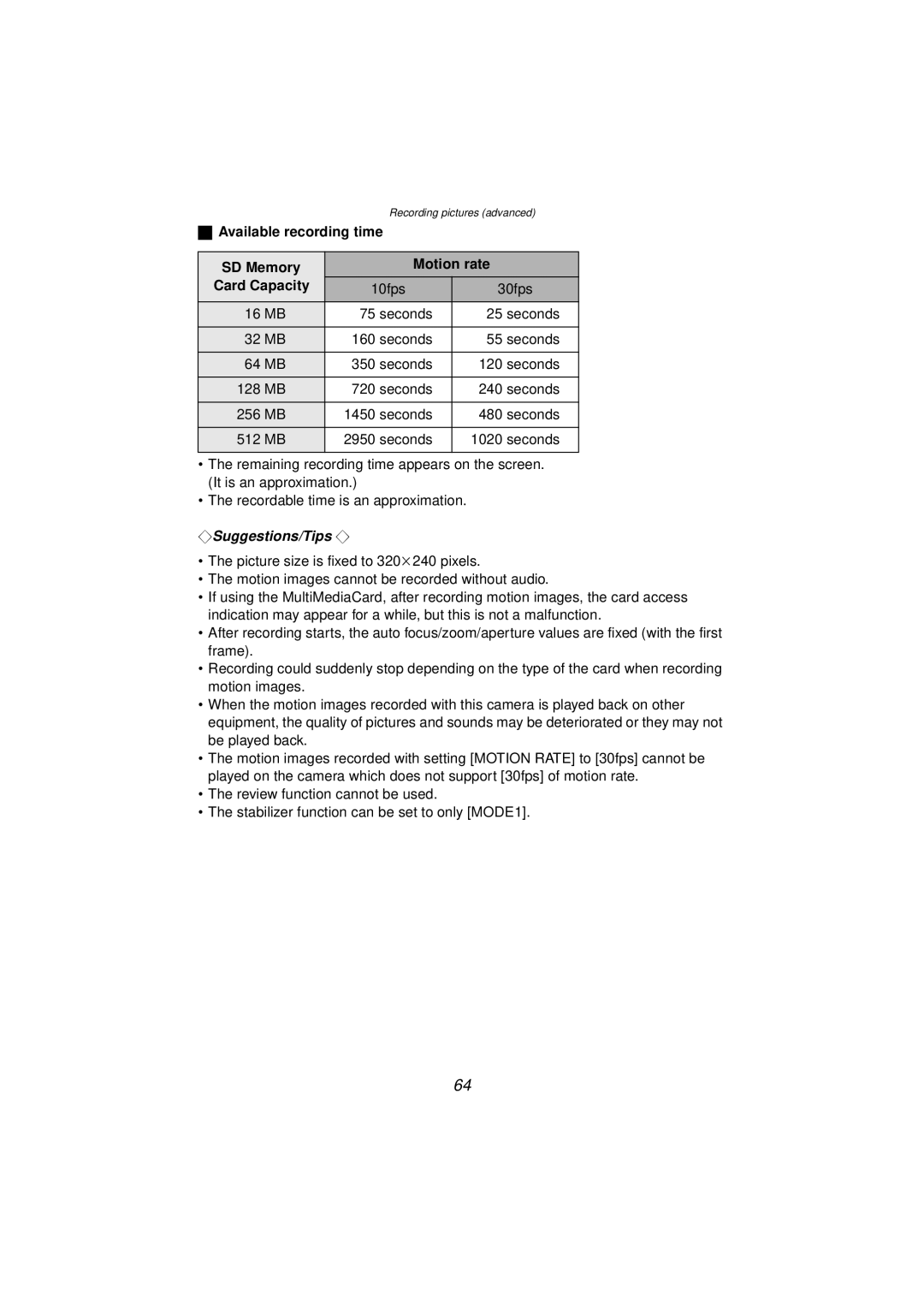 Panasonic DMC-FZ10PP operating instructions Available recording time SD Memory Motion rate Card Capacity 