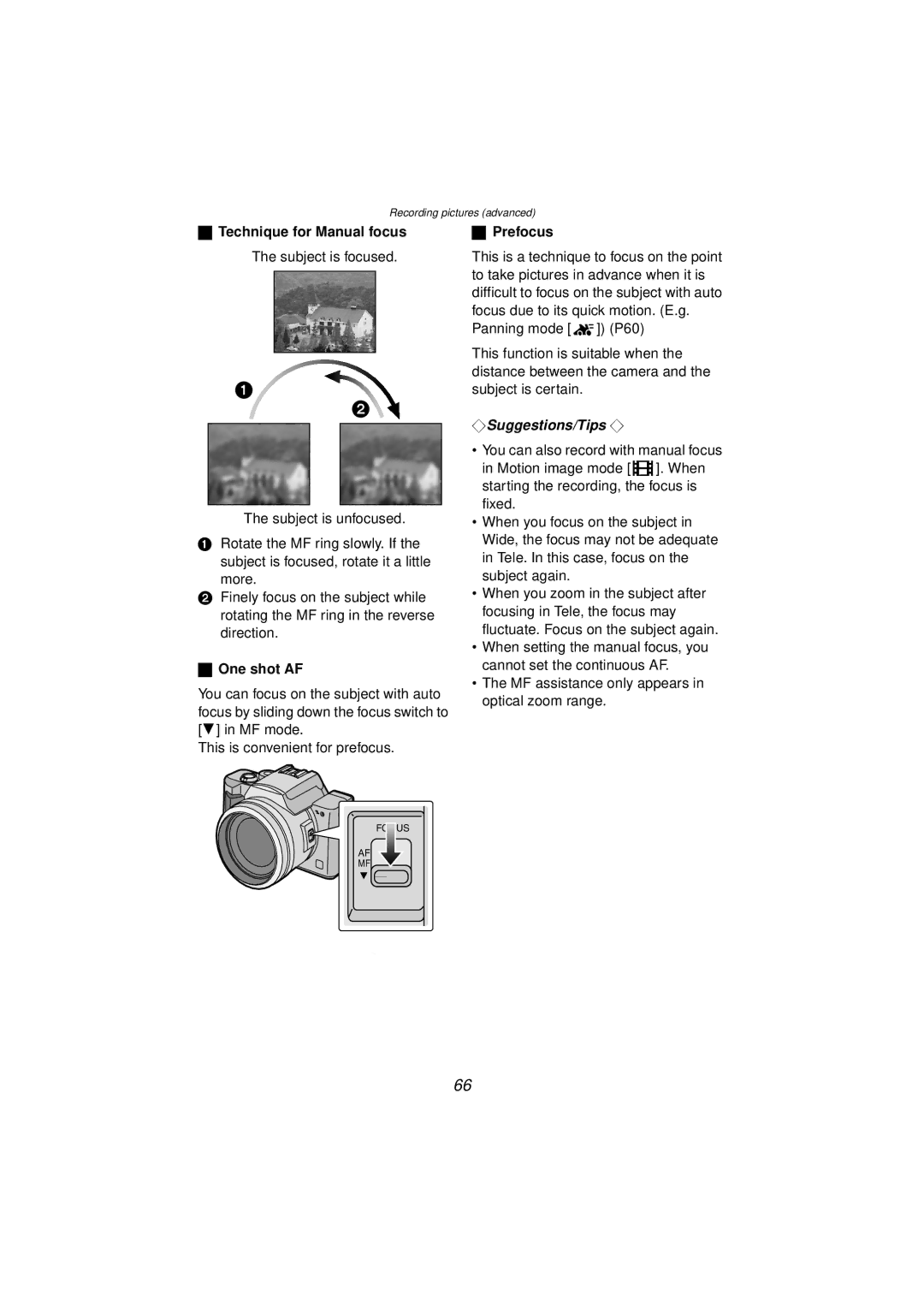 Panasonic DMC-FZ10PP operating instructions One shot AF, Prefocus 