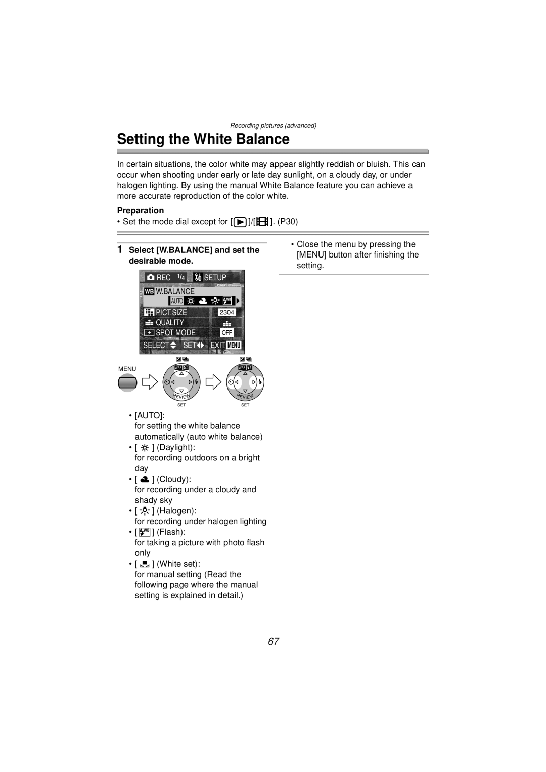 Panasonic DMC-FZ10PP operating instructions Setting the White Balance, Select W.BALANCE and set the desirable mode 