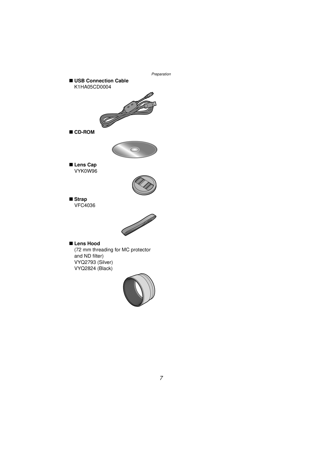 Panasonic DMC-FZ10PP operating instructions USB Connection Cable K1HA05CD0004, Lens Cap VYK0W96 Strap VFC4036 Lens Hood 