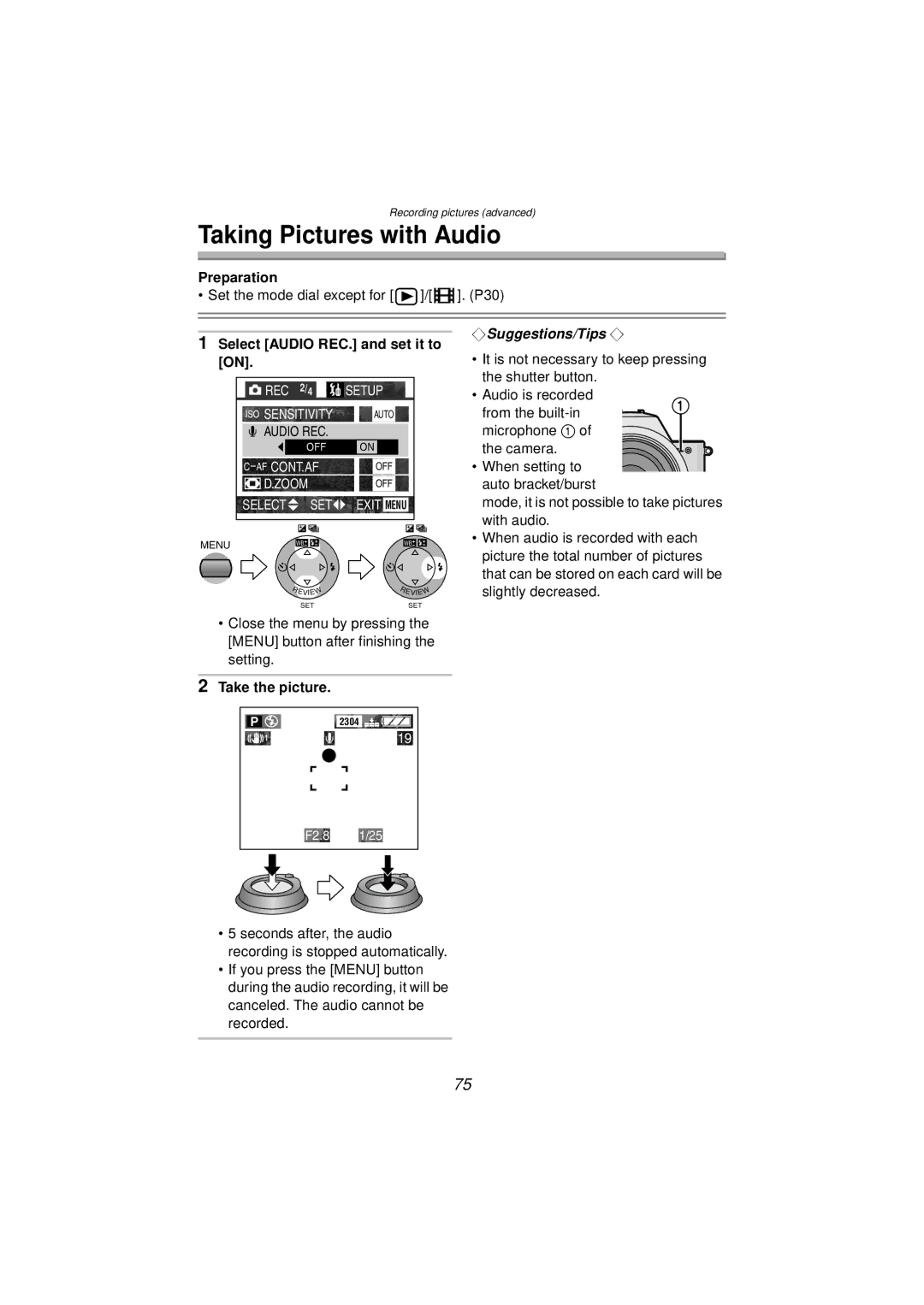 Panasonic DMC-FZ10PP operating instructions Taking Pictures with Audio, Select Audio REC. and set it to, Take the picture 