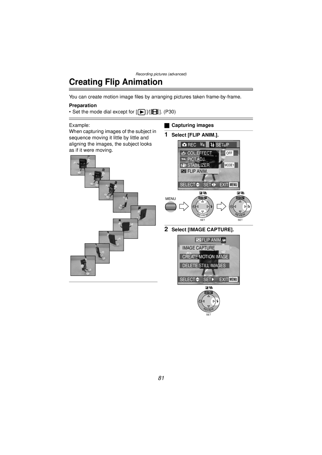 Panasonic DMC-FZ10PP Creating Flip Animation, Capturing images, Select Flip Anim, Select Image Capture 