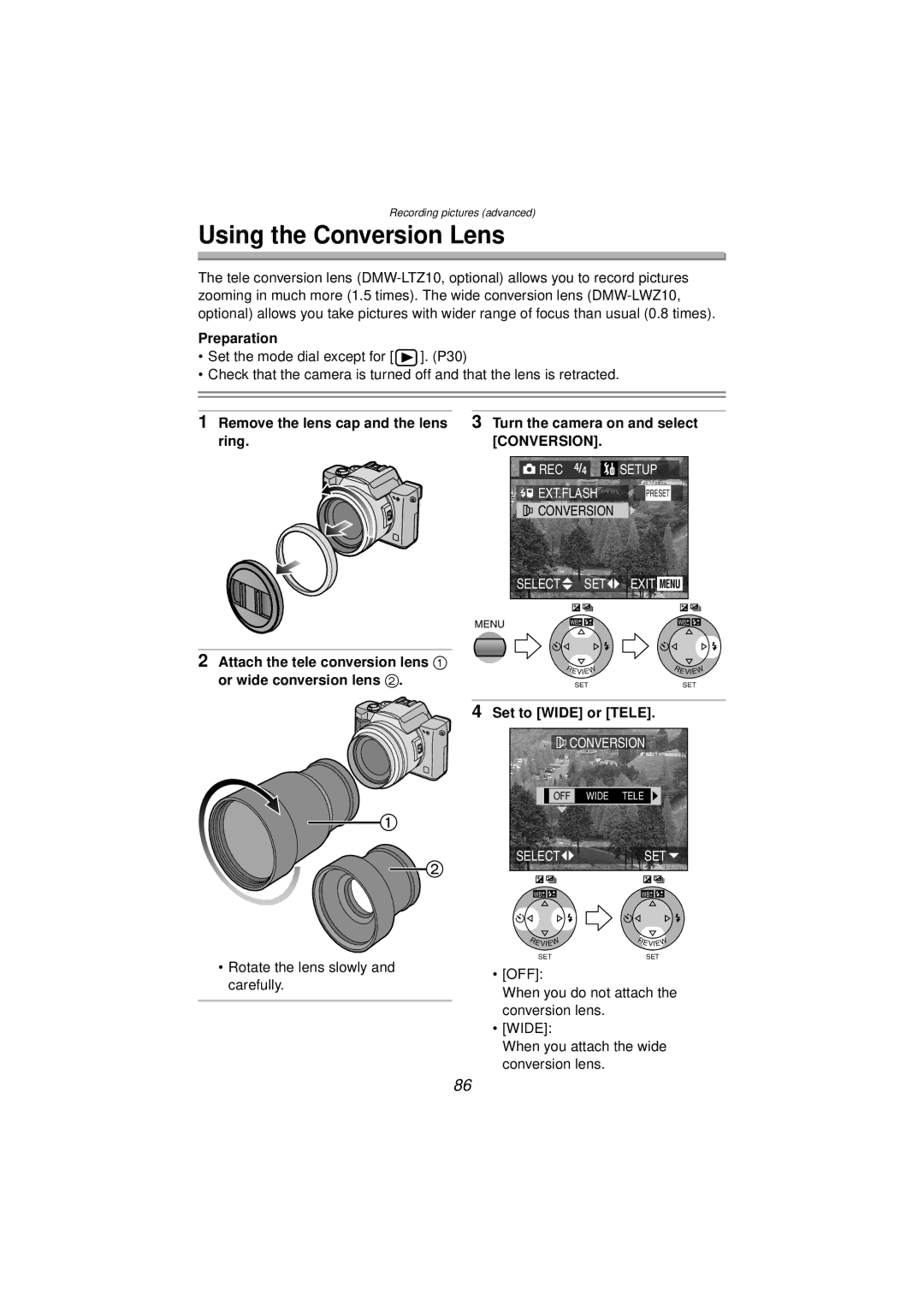 Panasonic DMC-FZ10PP Using the Conversion Lens, Attach the tele conversion lens 1 or wide conversion lens 